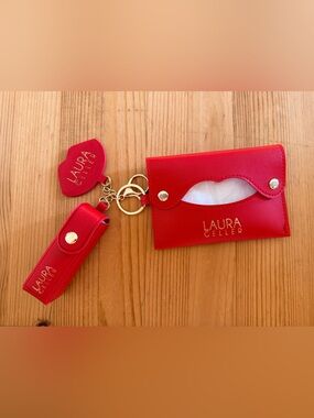 Laura Geller Red Lipstick/Mirror/Tissue/Card Holder Keychain with Gold Hardware